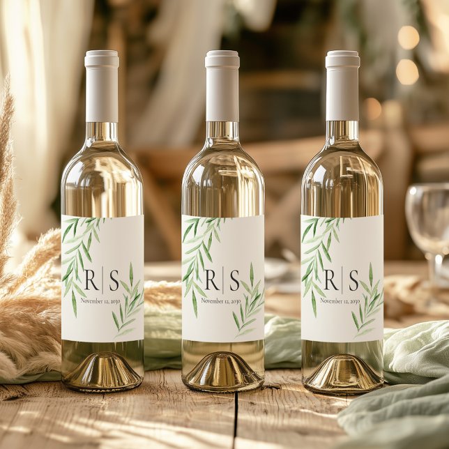Elegant Watercolor Willow Botanical Monogram  Wine Label (Creator Uploaded)