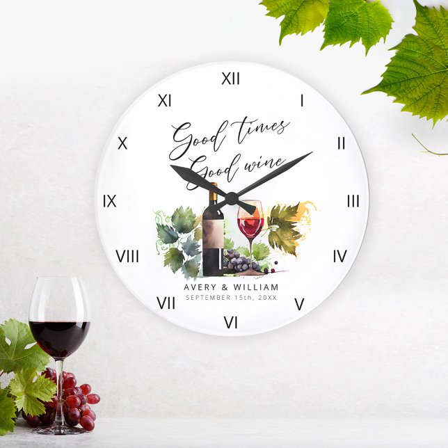 Elegant Watercolor Wine Newlyweds Names Large Clock (Creator Uploaded)