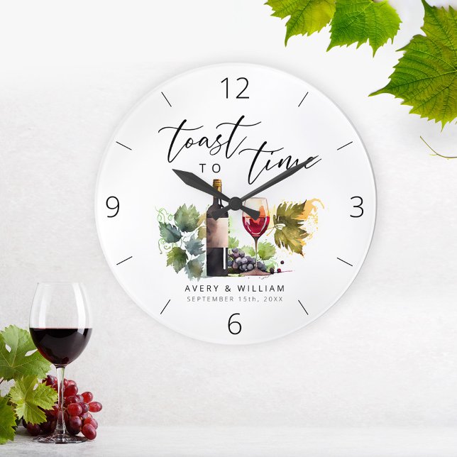 Elegant Watercolor Wine Themed Couple Names Large Clock (Creator Uploaded)