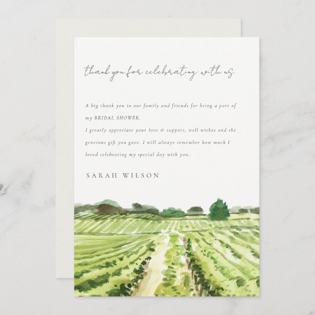 Elegant Watercolor Winery Vineyard Bridal Shower Thank You Card (Front/Back)
