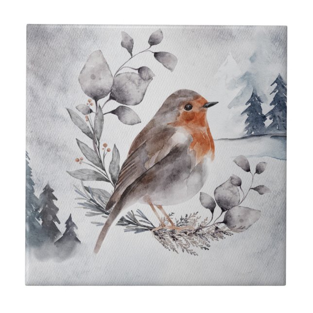 Elegant Watercolor Winter American Robin Ceramic Tile (Front)