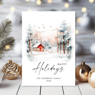 Elegant Watercolor Winter Christmas Landscape Holiday Card