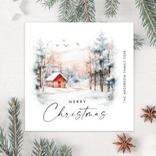 Elegant Watercolor Winter Christmas Landscape Holiday Card