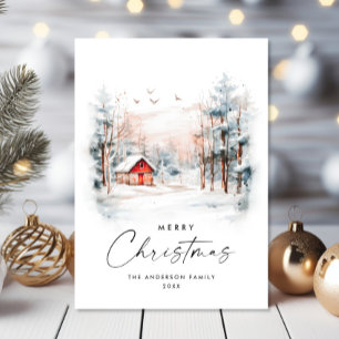 Elegant Watercolor Winter Christmas Landscape Holiday Card