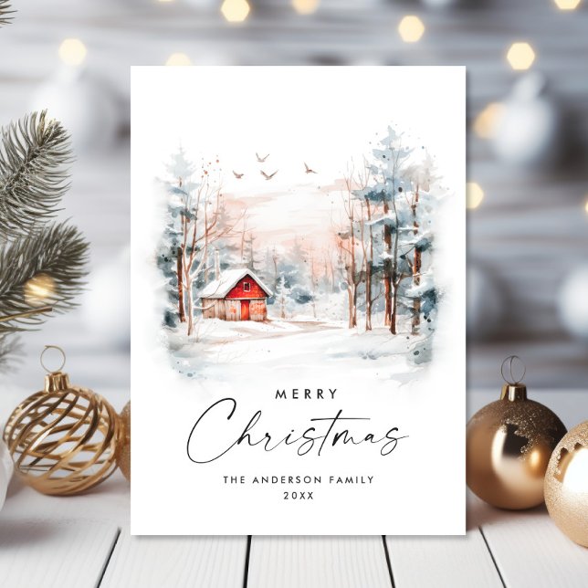 Elegant Watercolor Winter Christmas Landscape Holiday Card (Creator Uploaded)