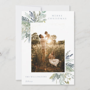 Elegant Watercolor Winter Foliage Single Photo Holiday Card