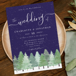 Elegant Watercolor Winter Forest Navy Blue Wedding Invitation