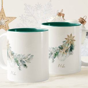 Elegant Watercolor Winter Green Foliage Christmas Two-Tone Coffee Mug