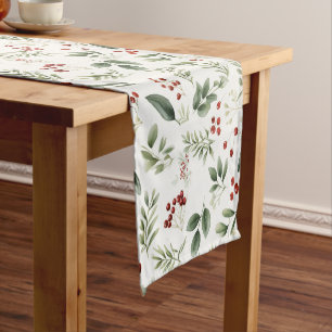 Elegant Watercolor Winter Greenery & Red Berry Short Table Runner