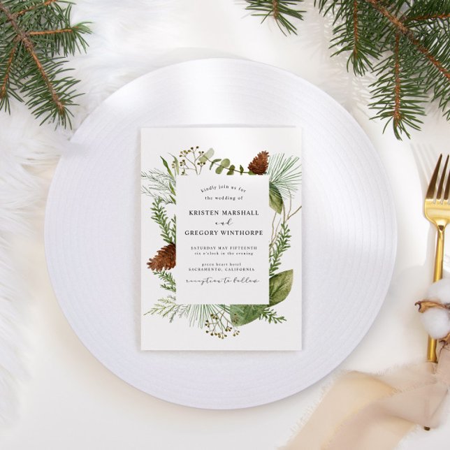 Elegant Watercolor Winter Greenery Wedding Invitation (Creator Uploaded)