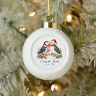 Elegant Watercolor Winter Puffins Personalised Ceramic Ball Christmas Ornament