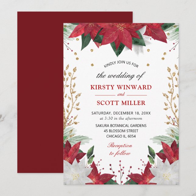 Elegant Watercolor Winter Red Poinsettia Wedding Invitation (Front/Back)