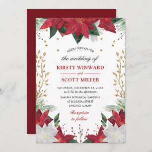 Elegant Watercolor Winter Red Poinsettia Wedding Invitation