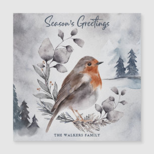 Elegant Watercolor Winter Robin Bird Magnetic Card