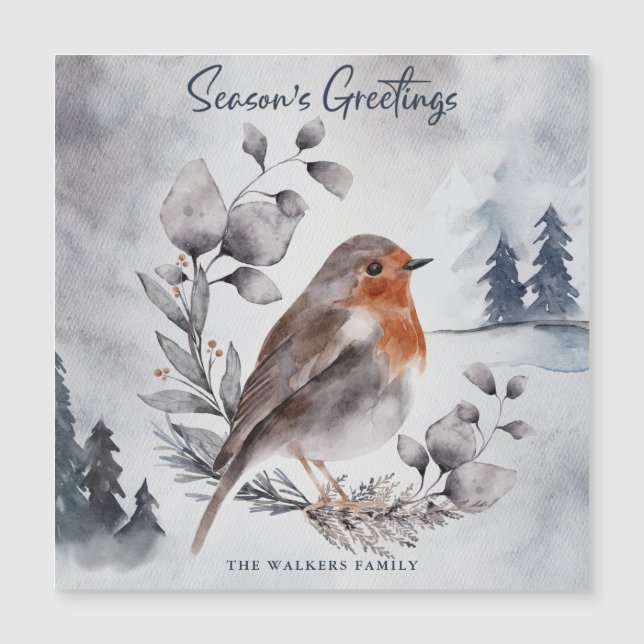 Elegant Watercolor Winter Robin Bird Magnetic Card (Front)