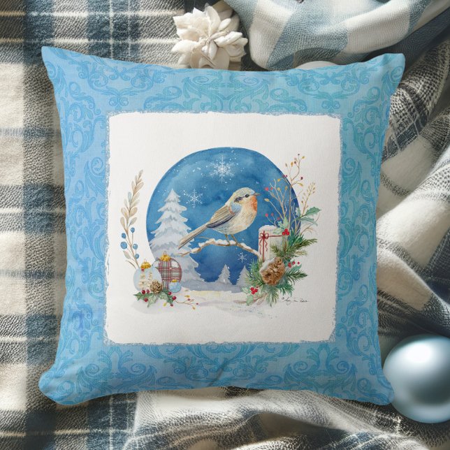 Elegant Watercolor Winter Snow Bird Blue Christmas Cushion (Creator Uploaded)