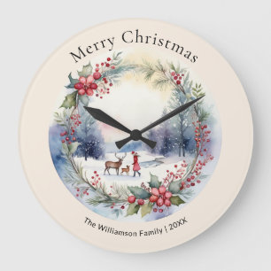 Elegant Watercolor Winter Snow Scene Large Clock