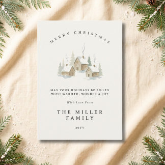 Elegant Watercolor Winter Village Christmas Holiday Card