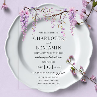 Elegant Watercolor Wisteria Branch Garden Wedding Acrylic Invitations
