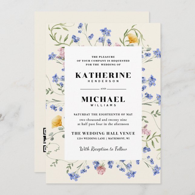 Elegant Watercolor Wldflowers Meadow RSVP Wedding Invitation (Front/Back)