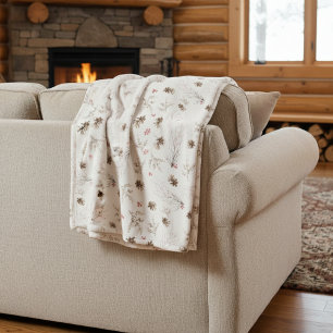 Elegant Watercolor Woodland Winterberry Pattern Fleece Blanket