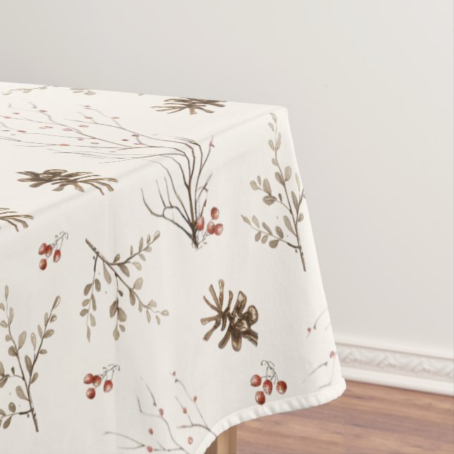 Elegant Watercolor Woodland Winterberry Pattern Tablecloth (In Situ)