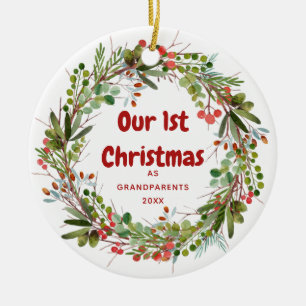 Elegant Watercolor Wreath First Christmas  Ceramic Ornament