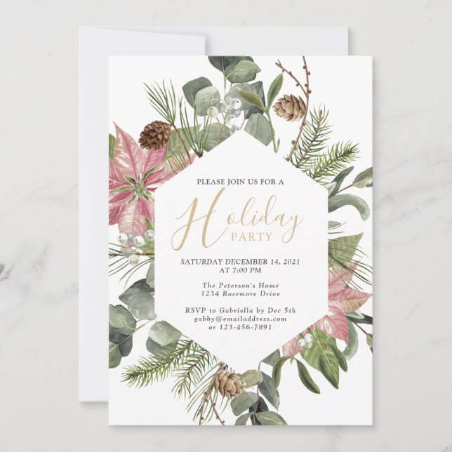 Elegant Watercolor Wreath Gold Holiday Party   Inv Invitation (Front)