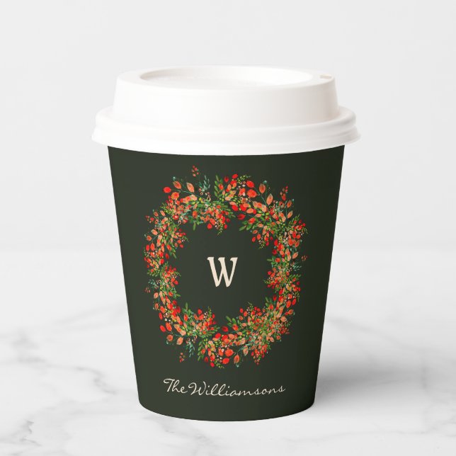 Elegant Watercolor Wreath Monogrammed Christmas Paper Cups (Front)