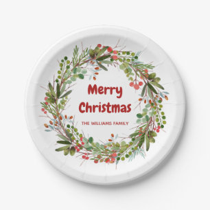 Elegant Watercolor Wreath Personalised Christmas  Paper Plate