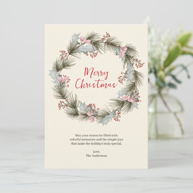 Elegant Watercolor Wreath Personalised Photo  Holiday Card (Standing Front)