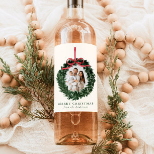 Elegant Watercolor Wreath with Bow Photo Holiday Wine Label