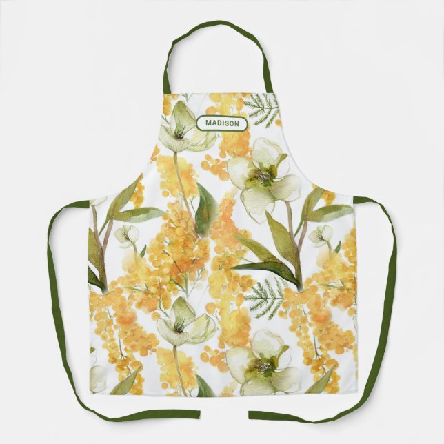 Elegant Watercolor Yellow Botanical Floral Name Apron (Front)