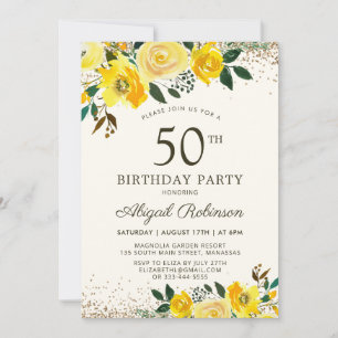 Elegant Watercolor Yellow Floral 50th Birthday Invitation
