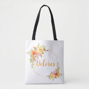 Elegant Watercolor Yellow Floral Monogram Name Tote Bag