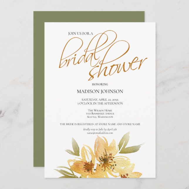 Elegant Watercolor Yellow Wedding Bridal Shower Invitation (Front/Back)