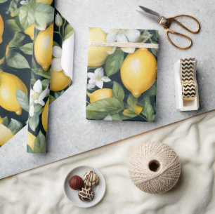 Elegant watercolored lemon pattern on white flower wrapping paper