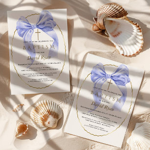 Elegant Watercolour Blue Bow Gold Boy Baptism Invitation