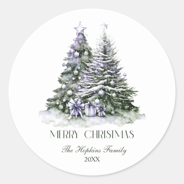 Elegant Watercolour Christmas Tree Classic Round Sticker (Front)