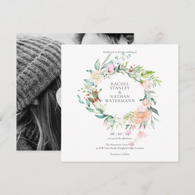 Elegant Watercolour Greenery Floral Photo Wedding Invitation (Front/Back)