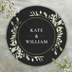 Elegant Watercolour Greenery Wedding Black Favour Classic Round Sticker