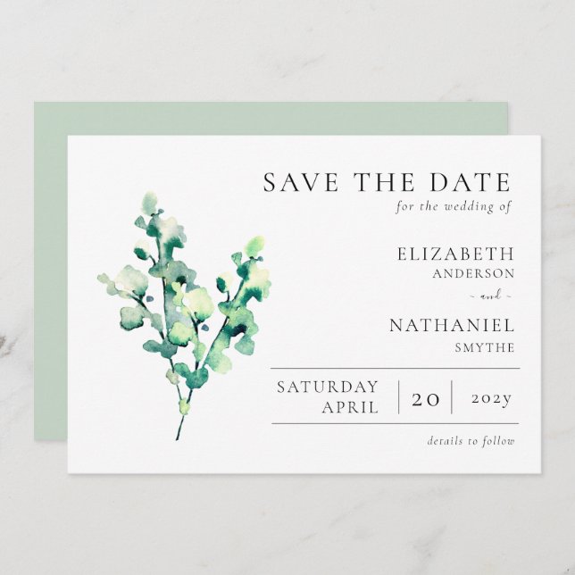 Elegant Watercolour Greenery Wedding  Save The Date (Front/Back)