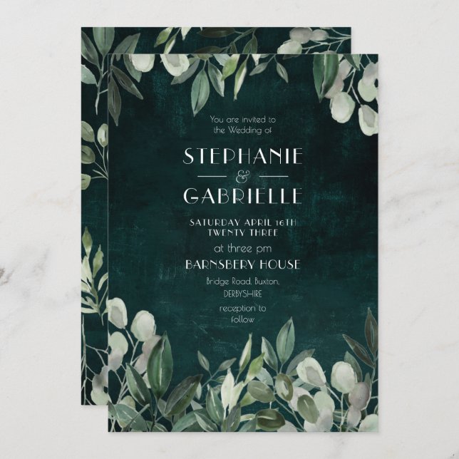 Elegant watercolour leaf botanicals hunter green invitation (Front/Back)