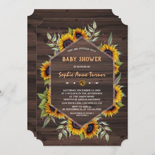 Elegant Watercolour Sunflowers Wood Baby Shower Invitation (Front/Back)