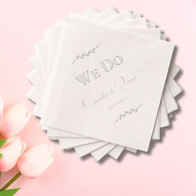 Elegant "We Do" Couples Names Wedding Date Silver Foil Napkins (Creator Uploaded)