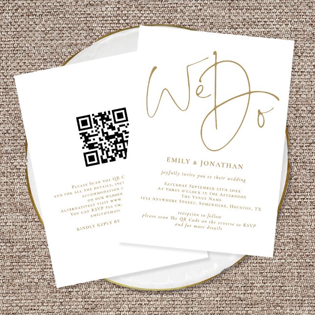 Elegant We Do Gold Script QR Code Wedding Invitation (Front and Back View. Available printed or digitally.)