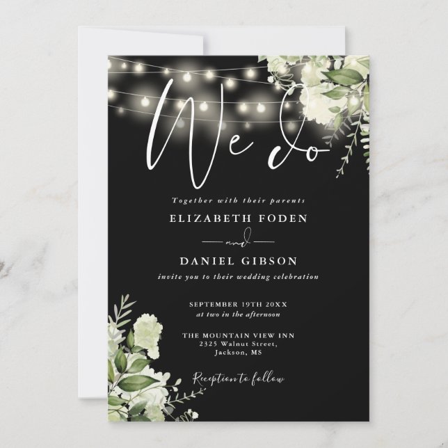 Elegant We Do Greenery Lights QR Code Wedding Invitation (Front)