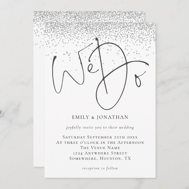 Elegant We Do Script Silver Glitter Wedding Invitation (Front/Back)