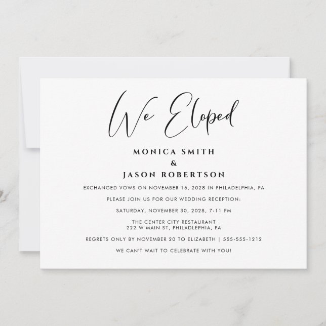 Elegant We Eloped Wedding Reception Announcement (Front)