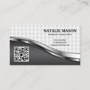 Elegant Weave Pattern   Silver Metallic   QR Code Business Card